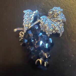 Silver Tone Bunch of Grapes Brooch with Black Rhinestones Marked JHS